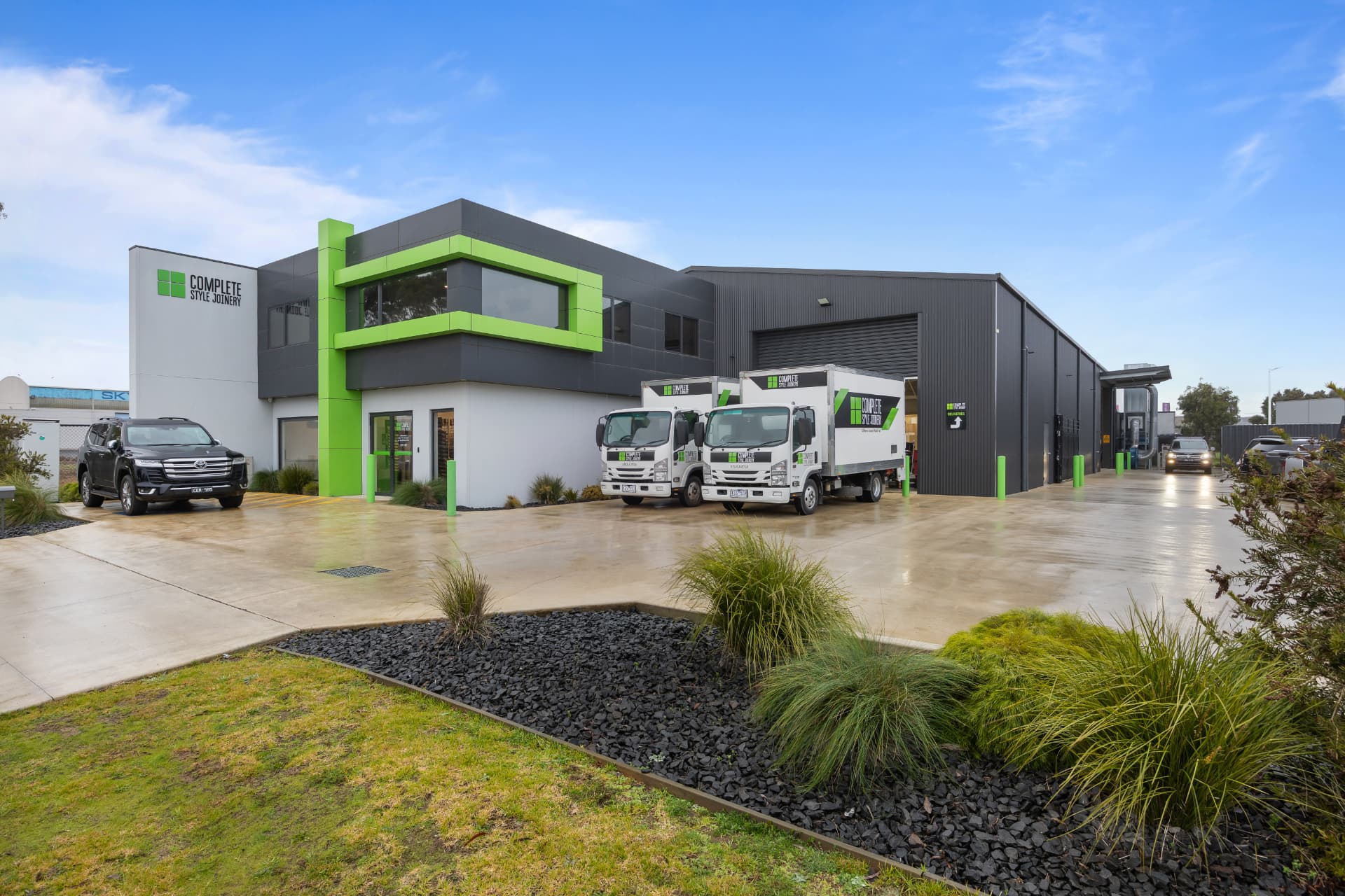 Complete Style Joinery factory and showroom with branded trucks at Mitchell Park, Ballarat